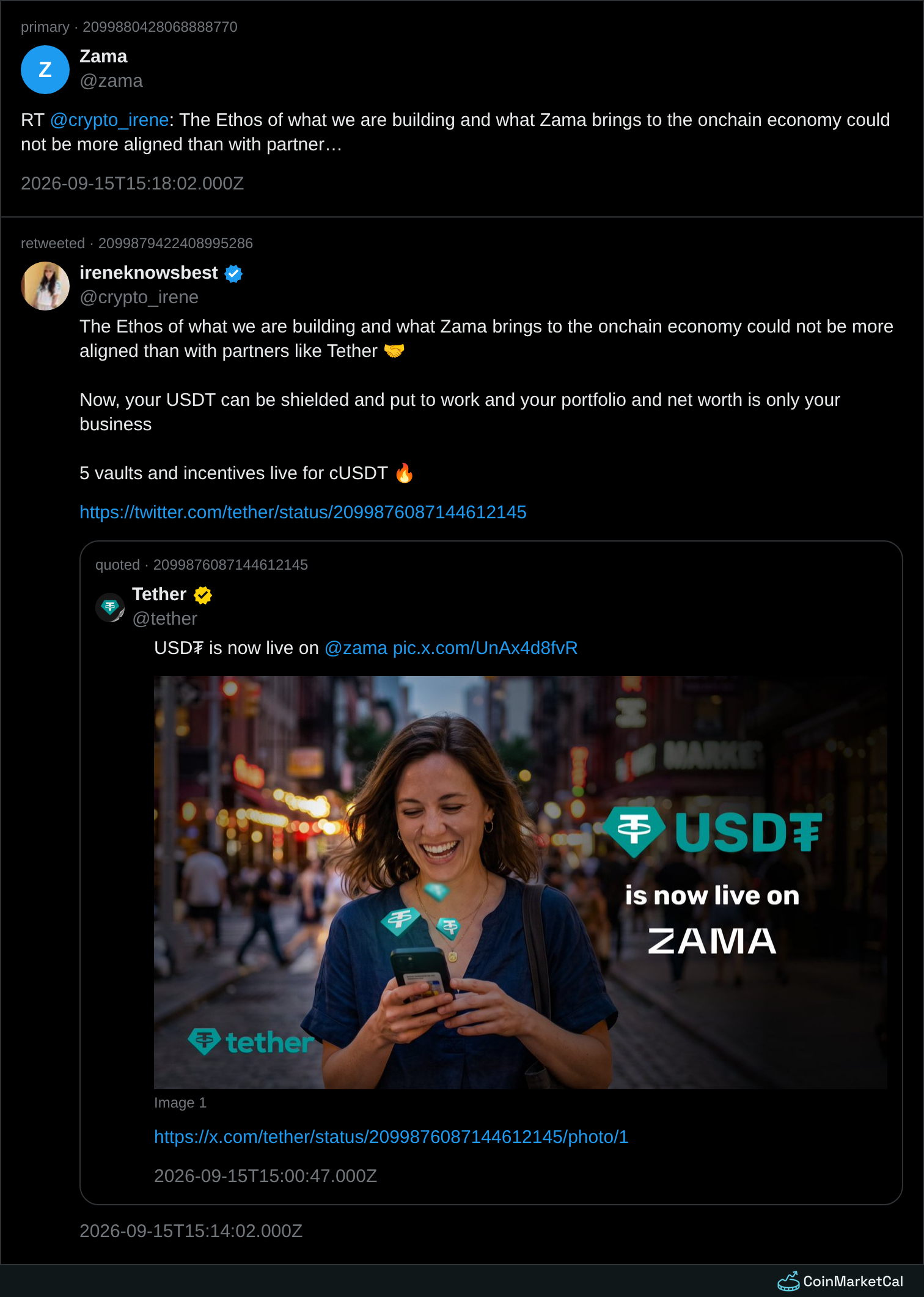 USDT live on Zama · CoinMarketCal
